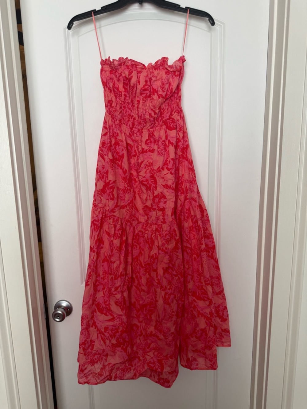 Olivaceous Coral-Pink Strapless Floral Maxi Dress